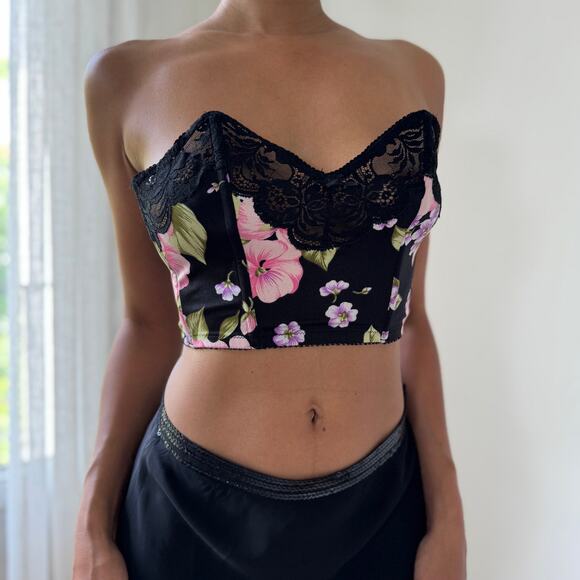 Vintage 90s Italian Black Floral Bustier Crop Top with Lace Trim (S, C cup) - Picture 8 of 12